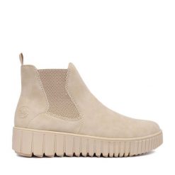 Botki Rieker. Brązowe botki Rieker, bez wzorów, bez obcasa, na płaskiej podeszwie, bez zapięcia. Za 349.99 zł.