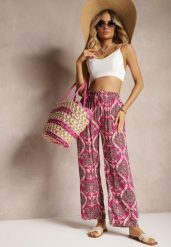 Fuksjowe Wiskozowe Spodnie Boho High Waist z Szerokimi Nogawkami i Gumką w Talii Tiamarra. Czerwone spodnie materiałowe Renee, na co dzień, m, bez wzorów, z jeansu, z podwyższonym stanem. Za 34.99 zł.