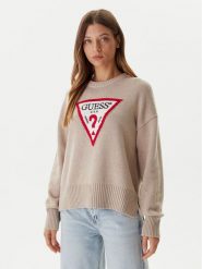 Guess Jeans Sweter W4BR12 Z3HM1 Beżowy Relaxed Fit. Brązowe swetry Guess Jeans, s, z aplikacjami, z bawełny, bez ramiączek. Za 389.99 zł.