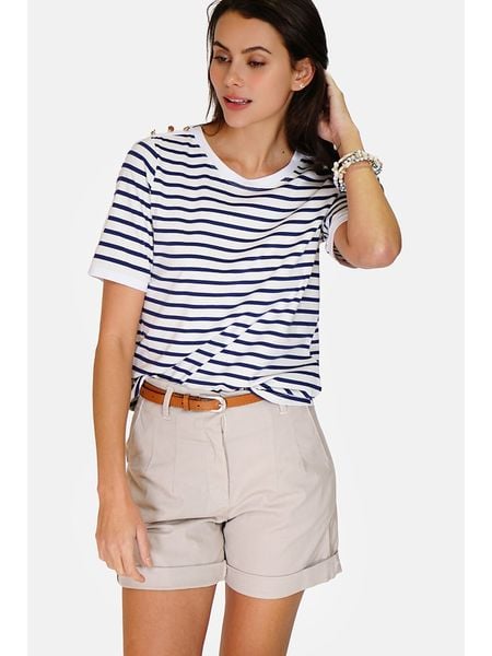 ASSUILI Koszulka w kolorze biało-granatowym rozmiar: 34. Białe bluzki Assuili, bez wzorów, klasyczne, bez kołnierzyka, bez ramiączek. Za 92.21 zł.