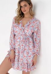 Biało-Fioletowa Sukienka Cythano. Białe sukienki Born2be, l, z aplikacjami, z materiału, bez kołnierzyka, bez ramiączek, mini. Za 29.99 zł.