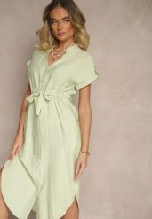 Zielona Koszulowa Rozkloszowana Sukienka z Wiskozy z Paskiem Katilene. Zielone sukienki Renee, na co dzień, l, bez wzorów, z wiskozy, eleganckie, bez kołnierzyka, bez ramiączek, midi, koszulowe. Za 84.99 zł.