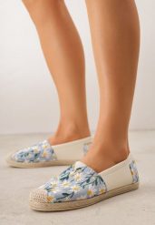 Niebieskie Espadryle Ozdobione Kwiatowym Haftem i Plecionką Kiranth. Niebieskie espadryle Renee, bez wzorów, z jeansu, bez obcasa, bez zapięcia. Za 69.99 zł.