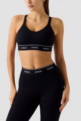 GUESS Czarny damski stanik sportowy Alba, Rozmiar M. Czarne koszulki sportowe Guess, z aplikacjami, bez ramiączek, na fitness i siłownię. Za 349.99 zł.