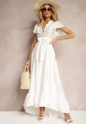 Biała Sukienka z Materiałowym Paskiem i Wiskozą Wykończona Guzikami i Falbanką Hanesi. Białe sukienki Renee, na co dzień, l, bez wzorów, z materiału, eleganckie, bez kołnierzyka, bez ramiączek, maxi. Za 139.99 zł.