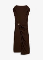 Drapowana sukienka midi z materiału w paski. Brązowe sukienki bonprix, bez wzorów, bez kołnierzyka, bez ramiączek, midi. Za 147.99 zł.