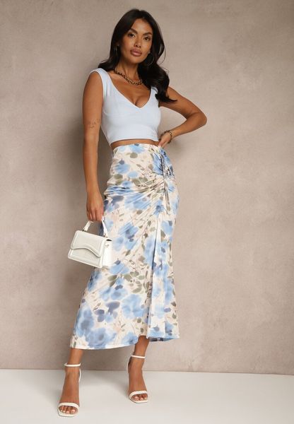 Jasnoniebieska Marszczona Spódnica Kwiatowa Ozdobiona Rozcięciem na Nogę Ateralene. Niebieskie spódnice Renee, na co dzień, m, z aplikacjami, klasyczne, maxi, dopasowane. Za 79.99 zł.