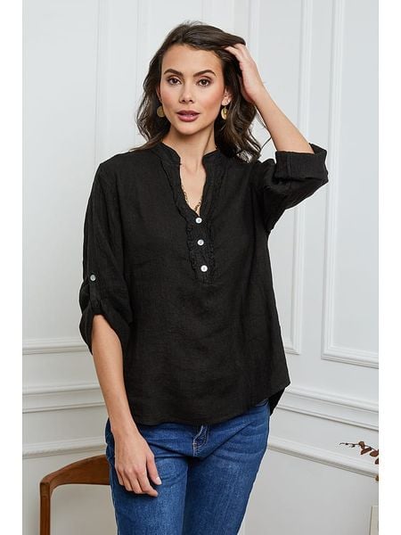 Joséfine Lniana bluzka w kolorze czarnym rozmiar: XXL. Czarne bluzki Joséfine, xxl, bez wzorów, ze lnu, bez kołnierzyka, bez ramiączek. Za 113.63 zł.