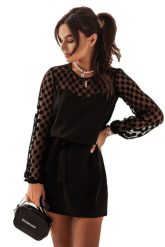 Sukienka z Bufiastym Rękawem z Siateczki w Grochy. Czarne sukienki Ivon, l, bez wzorów, z materiału, wizytowe, bez kołnierzyka, bez ramiączek. Za 164.90 zł.