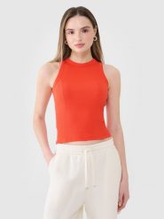 4F Top slim z prążkowanej dzianiny damski - czerwony XS. Czerwone topy 4f, xs, bez wzorów, z bawełny, bez kołnierzyka, bez ramiączek. W wyprzedaży za 29.99 zł.