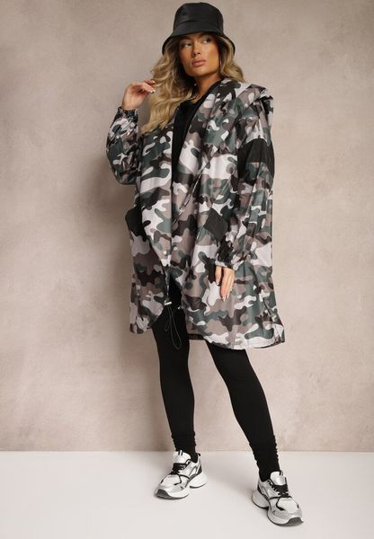 Szaro-Zielona Niezapinana Kurtka Wiatrówka z Troczkami i Nieodpinanym Kapturem Irilani. Szare kurtki sportowe Renee, l, bez wzorów, z jeansu, z kapturem. Za 69.99 zł.