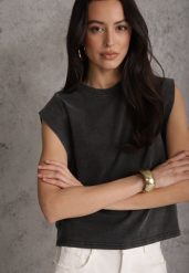 Czarny Top z Bawełny w Stylu Grunge z Szeroką Linią Ramion Tezorea. Czarne topy Renee, m, bez wzorów, z bawełny, bez kołnierzyka, bez ramiączek. Za 74.99 zł.