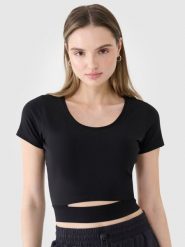 4F T-shirt crop top gładki damski - czarny XS. Czarne t-shirty 4f, xs, bez wzorów, z bawełny, bez kołnierzyka, bez ramiączek. W wyprzedaży za 39.99 zł.