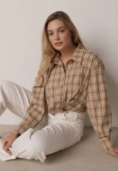 Beżowa Krótka Bawełniana Koszula w Kratę z Marszczeniem Wenatia. Brązowe koszule Born2be, m, bez wzorów, z bawełny, bez kołnierzyka, bez ramiączek. Za 109.99 zł.