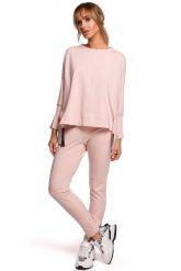 Wygodna Prosta Bluza z Lampasem - Różowa. Czerwone bluzy MOE, l, bez wzorów, z bawełny, bez kaptura. Za 229.90 zł.