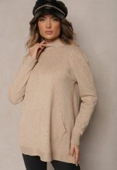 Jasnobeżowy Sweter Półgolf z Bawełną i Kieszenią z Przodu Emittes. Brązowe swetry Renee, l, bez wzorów, z bawełny, bez ramiączek. Za 84.99 zł.