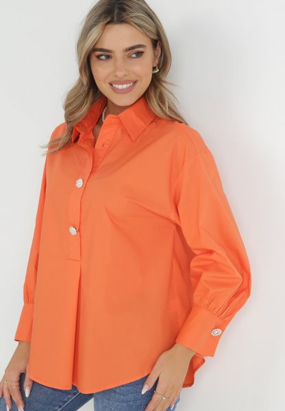 Pomarańczowa Koszula Bawełniana Trapezowa Hazala. Brązowe koszule Born2be, l, bez wzorów, z bawełny, eleganckie, bez kołnierzyka, bez ramiączek. Za 79.99 zł.