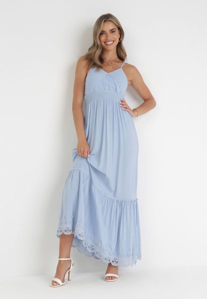 Niebieska Sukienka Maxi na Ramiączkach z Gumką w Pasie i Koronkową Wstawką Envama. Niebieskie sukienki Born2be, na lato, l, bez wzorów, z koronki, bez kołnierzyka, bez ramiączek, maxi, kopertowe. Za 59.99 zł.
