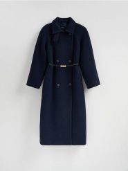 Płaszcz z wełną Bellandi - granatowy. Niebieskie płaszcze Reserved, l, bez wzorów, z tkaniny, bez kaptura. Za 699.99 zł.