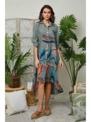 Lin Passion Sukienka w kolorze khaki rozmiar: 36/38. Brązowe sukienki Lin Passion, bez wzorów, klasyczne, z asymetrycznym kołnierzem, bez ramiączek, midi, asymetryczne. Za 201.82 zł.