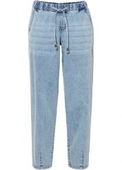 Dżinsy barrel, średni stan, z elastyczną gumą w talii. Niebieskie jeansy bonprix, bez wzorów. Za 124.99 zł.