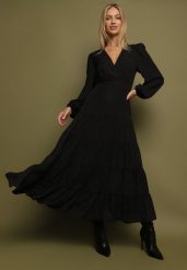 Czarna Rozkloszowana Sukienka Vices z Kopertowym Dekoltem Reslosa. Czarne sukienki Born2be, na co dzień, l, bez wzorów, z jeansu, bez kołnierzyka, bez ramiączek, maxi, kopertowe. Za 169.99 zł.