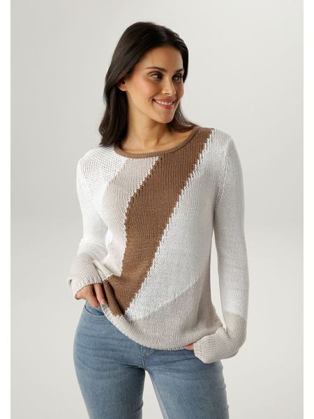 Aniston Sweter w kolorze karmelowo-białym rozmiar: 48. Brązowe swetry Aniston, bez wzorów, bez ramiączek. Za 106.38 zł.