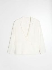 Żakiet z kieszeniami z domieszką wiskozy i lnu - biały. Białe marynarki i żakiety Sinsay, l, bez wzorów, z wiskozy. Za 79.99 zł.
