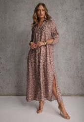 Beżowa Sukienka z Wiskozą o Koszulowym Kroju w Giraffe Print Braloria. Brązowe sukienki Renee, na randkę, l, bez wzorów, z wiskozy, klasyczne, bez kołnierzyka, bez ramiączek, maxi, koszulowe. Za 149.99 zł.