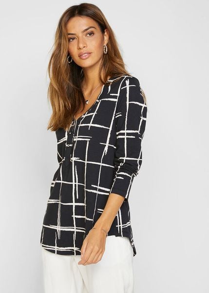 Długa bluzka. Czarne bluzki bonprix, bez wzorów, eleganckie, bez kołnierzyka, bez ramiączek. Za 109.99 zł.