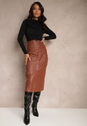 Jasnobrązowa Spódnica z Ekoskóry High Waist z Rozcięciem i Napami z Przodu Asttia. Brązowe spódnice Renee, na co dzień, na zimę, l, bez wzorów, z bawełny, midi, dopasowane. Za 79.99 zł.