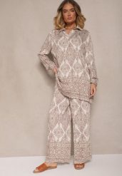 Ciemnobeżowy Komplet z Wiskozą o Kroju Oversize Koszula i Spodnie Nilarithia. Brązowe koszule Renee, m, bez wzorów, z materiału, eleganckie, bez kołnierzyka, bez ramiączek. Za 99.99 zł.