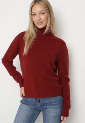 Bordowy Klasyczny Golf z Wiskozą i Wełną Salentie. Czerwone golfy Born2be, uniwersalny, bez wzorów, z materiału, bez ramiączek. Za 119.99 zł.