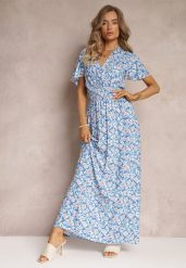 Niebieska Rozkloszowana Sukienka z Wiskozy i Modnym Nadrukiem Vildei. Niebieskie sukienki Renee, l, bez wzorów, z wiskozy, bez kołnierzyka, bez ramiączek, maxi, kopertowe. Za 54.99 zł.