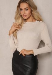 Jasnobeżowy Sweter z Wiskozą z Prążkowanego Materiału Ozdobiony Napami Beroma. Brązowe swetry Renee, m, bez wzorów, z jeansu, bez ramiączek. Za 99.99 zł.