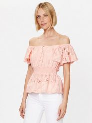 Guess Bluzka Peggy W3GH89 WFG40 Różowy Regular Fit. Czerwone bluzki Guess, xs, z aplikacjami, z bawełny, bez kołnierzyka, bez ramiączek. Za 269.99 zł.