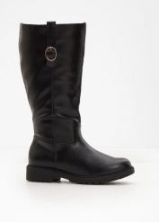 Kozaki z szeroką cholewką. Czarne kozaki bonprix, bez obcasa, bez zapięcia. Za 169.99 zł.