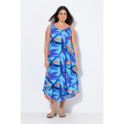 Damskie Sukienka midi kwiaty krój trapezowy okrągły dekolt bez rękawów. Niebieskie sukienki Ulla Popken, l, bez wzorów, z materiału, sportowe, bez kołnierzyka, plus size, bez ramiączek, midi, sportowe. Za 279.99 zł.