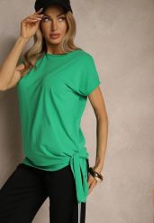 Zielony T-shirt z Bawełny z Ozdobnym Wiązaniem Termio. Zielone t-shirty Renee, m, bez wzorów, z bawełny, bez kołnierzyka, bez ramiączek. Za 29.99 zł.