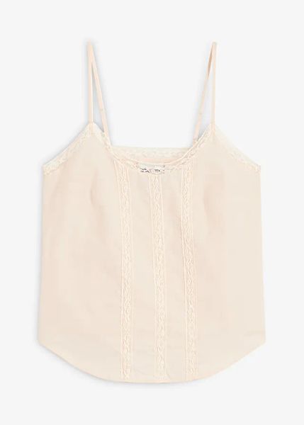 Bluzka z ażurowej dzianiny. Brązowe bluzki bonprix, w ażurowe wzory, z dzianiny, bez kołnierzyka, bez ramiączek. Za 54.99 zł.