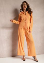 Pomarańczowy Komplet Casualowy Szerokie Spodnie z Gumką w Pasie i Koszula Sansia. Brązowe koszule Renee, m, bez wzorów, eleganckie, bez kołnierzyka, bez ramiączek. Za 99.99 zł.