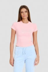 JUICY COUTURE Różowy damski t-shirt Retroshrunken Tee, Rozmiar L. Czerwone t-shirty Juicy Couture, l, bez wzorów, bez kołnierzyka, bez ramiączek. W wyprzedaży za 119.99 zł.