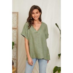 Lin Passion Lniana bluzka w kolorze zielonym rozmiar: 40/42. Zielone bluzki Lin Passion, bez wzorów, ze lnu, klasyczne, bez kołnierzyka, bez ramiączek. Za 124.11 zł.