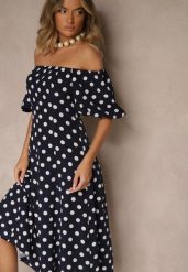 Granatowa Sukienka Hiszpanka Vices w Kropki o Rozkloszowanym Kroju Zilua. Niebieskie sukienki Renee, na spotkanie biznesowe, l, bez wzorów, z materiału, retro, bez kołnierzyka, bez ramiączek, midi, rozkloszowane. Za 119.99 zł.