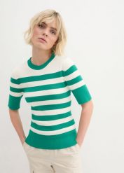 Sweter w paski, krótki rękaw. Niebieskie swetry bonprix, bez wzorów, bez ramiączek. Za 39.99 zł.