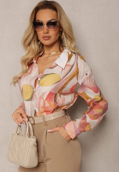 Beżowa Koszula o Klasycznym Fasonie w Abstrakcyjny Wzór Ratevia. Brązowe koszule Renee, l, w abstrakcyjne wzory, z jeansu, eleganckie, bez kołnierzyka, bez ramiączek. Za 99.99 zł.