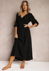 Czarna Sukienka z Bawełny Ozdobiona Wiązaniem i Gumką w Pasie Wlarina. Czarne sukienki Renee, m, bez wzorów, z bawełny, bez kołnierzyka, bez ramiączek, maxi. Za 149.99 zł.