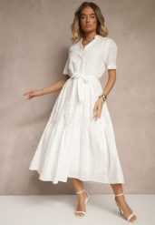 Biała Rozkloszowana Sukienka Koszulowa w Stylu Boho z Haftowanej Tkaniny Rosadwena. Białe sukienki Renee, na co dzień, l, bez wzorów, z tkaniny, boho, bez kołnierzyka, bez ramiączek, maxi, koszulowe. Za 109.99 zł.