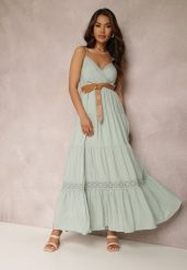 Miętowa Sukienka z Paskiem Asoonice. Zielone sukienki Renee, na lato, l, z aplikacjami, z koronki, boho, bez kołnierzyka, bez ramiączek, maxi, kopertowe. Za 99.99 zł.