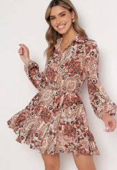 Beżowo-Pomarańczowa Sukienka Mini Rozkloszowana we Wzór Paisley z Materiałowym Paskiem Lirit. Brązowe sukienki Born2be, na lato, l, bez wzorów, z materiału, bez kołnierzyka, bez ramiączek, mini, rozkloszowane. Za 79.99 zł.